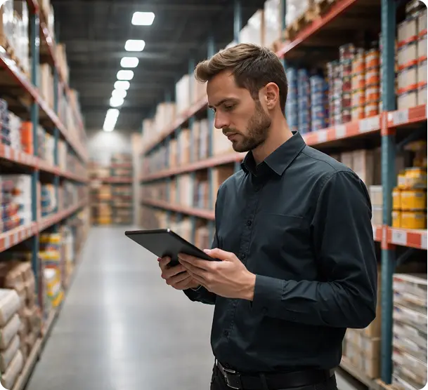 Vendor managing construction materials in warehouse